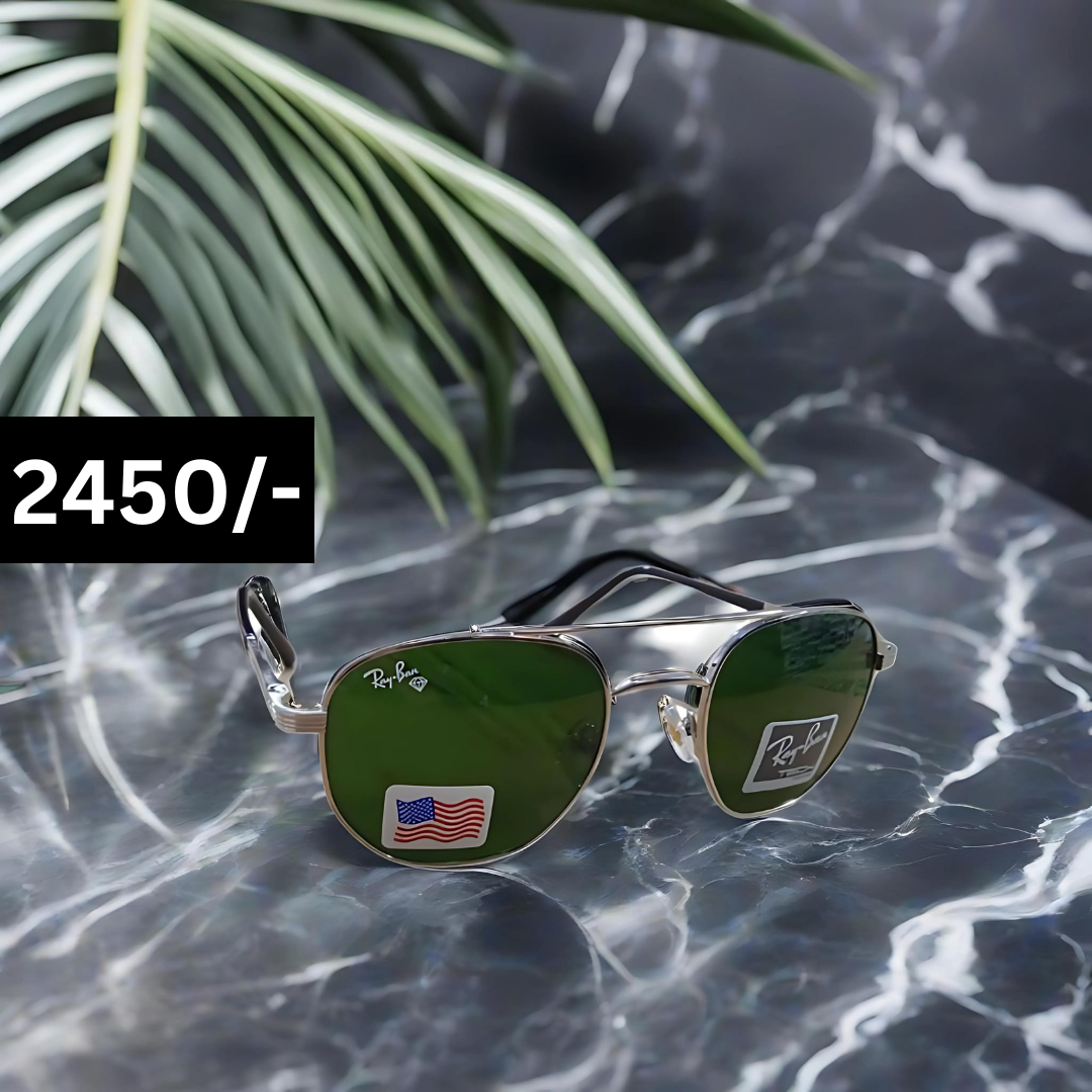 RAYBAN GREEN GLASSES WITH SILVER METAL FRAME WITH BLACK TEMPLE OCTA DESIGN (RB22121 50-21-138)