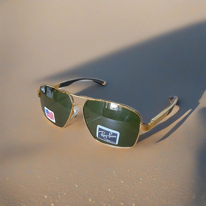 RAYBAN GREEN GLASSES WITH GOLDEN METAL FRAME WITH ALUMINUM HANDLE (RB22110 57 13-135)