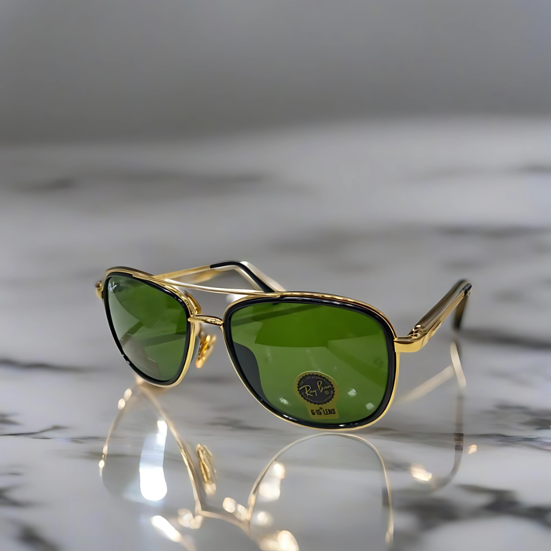 RAYBAN GOLDEN BLACK METAL FRAME WITH GREEN GLASS LENSES