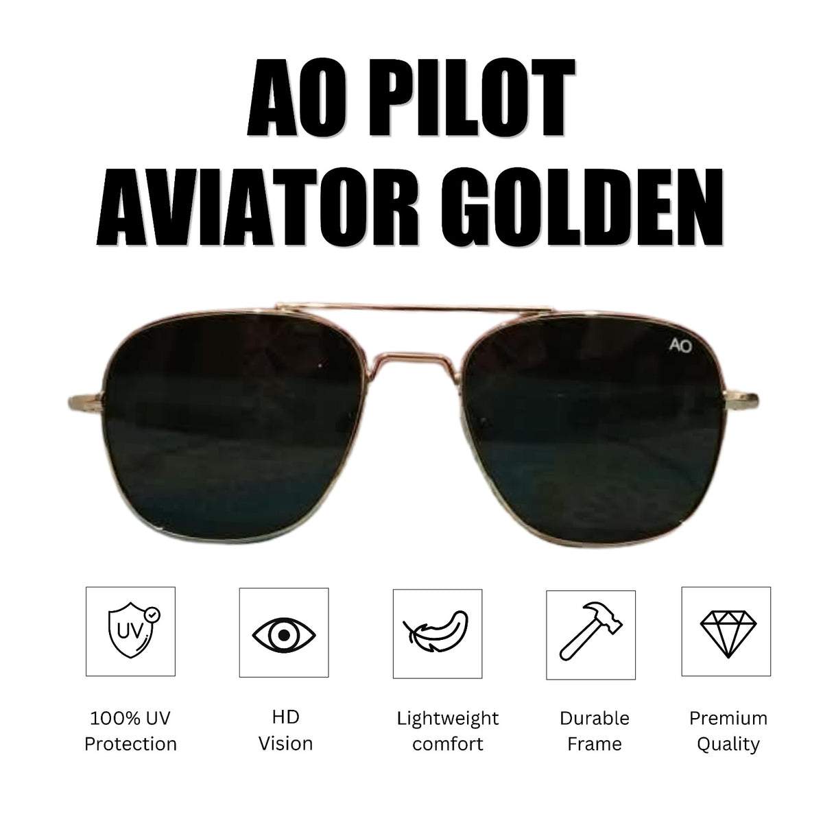 AO Military Pilot Aviators + Frame For Optics (GOLDEN FRAME + BLACK LENS)