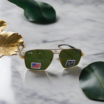 RAYBAN GREEN GLASSES WITH GOLDEN METAL FRAME WITH ALUMINUM HANDLE (RB22110 57 13-135)