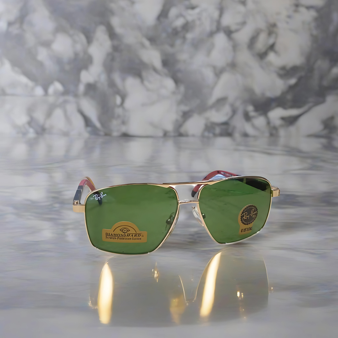 RAYBAN GOLDEN METAL FRAME GREEN GLASSES WITH BLACK AND RED TEMPLES