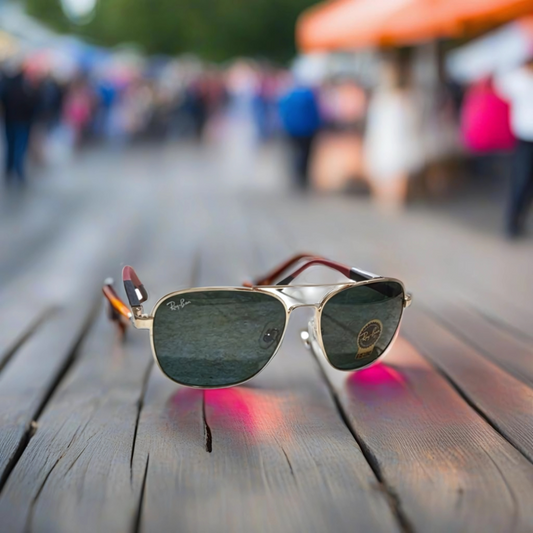 RAYBAN BLACK GLASS LENSES WITH GOLDEN METAL FRAME RED-BLACK TEMPLES