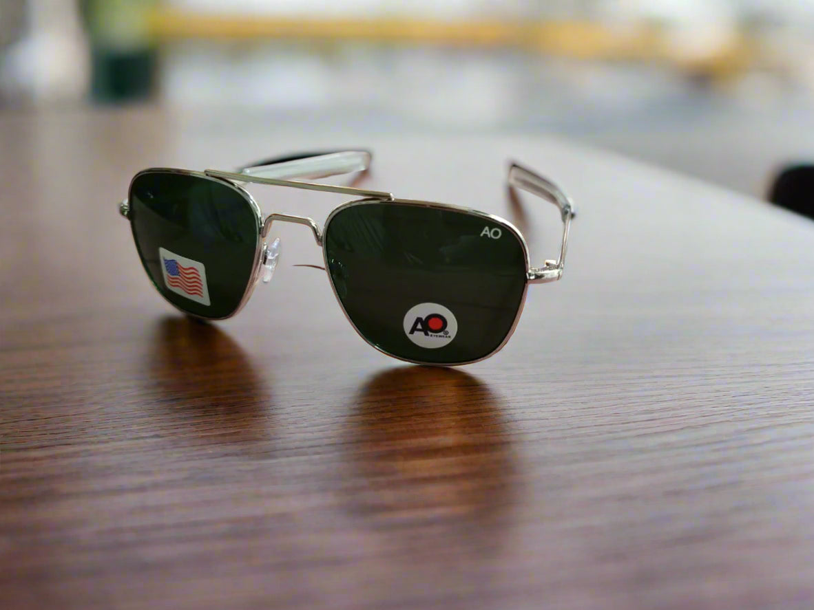 AO Military Pilot Aviators + Frame for Optics [SILVER FRAME+GREEN LENS]
