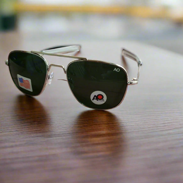 AO Military Pilot Aviators + Frame for Optics [SILVER FRAME+GREEN LENS]