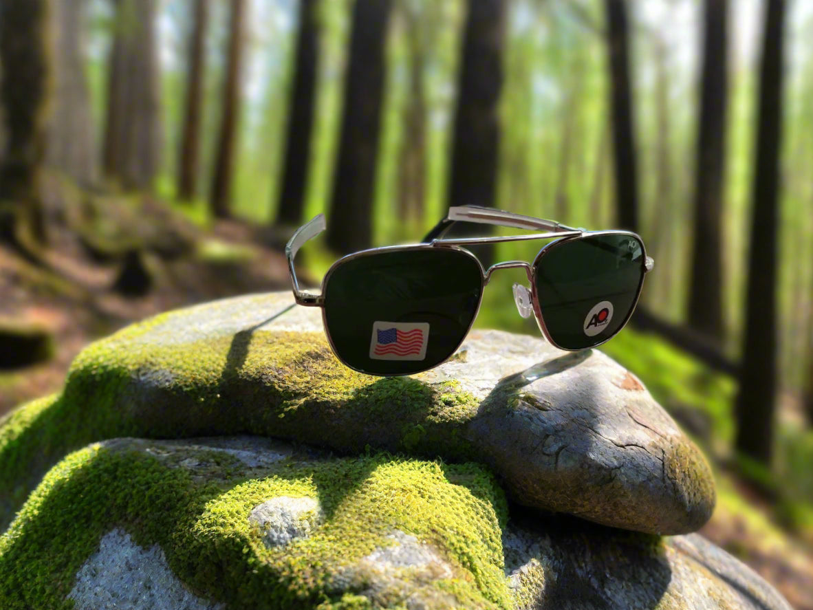 AO Military Pilot Aviators + Frame for Optics [SILVER FRAME+GREEN LENS]