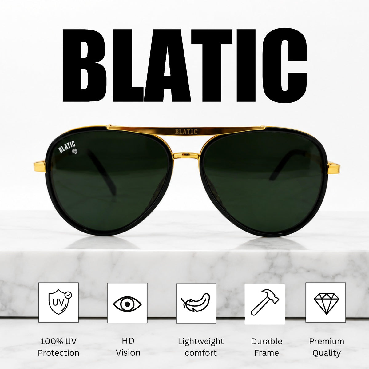 Blatic Aviators + Frame For Prescription (Metal Frame Glass Lens) (GOLDEN)
