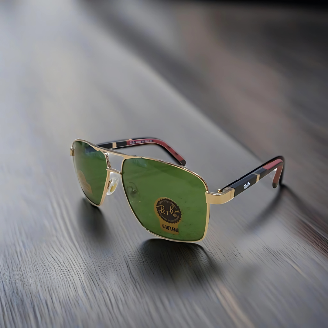 RAYBAN GOLDEN METAL FRAME GREEN GLASSES WITH BLACK AND RED TEMPLES