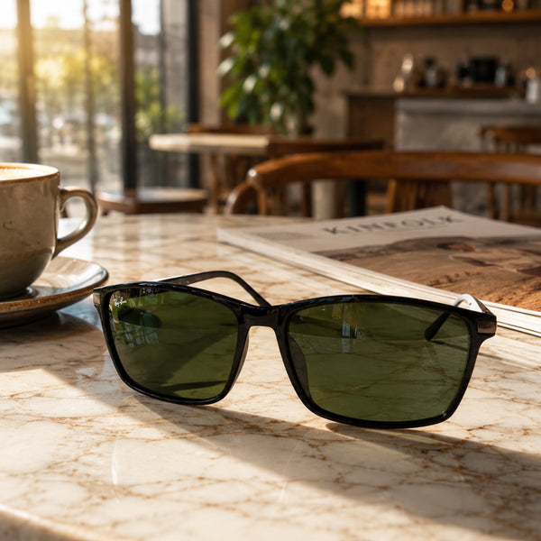 Rayban Square Design + Frame for Prescription (Polished Black Frame - Green Glass Lenses)