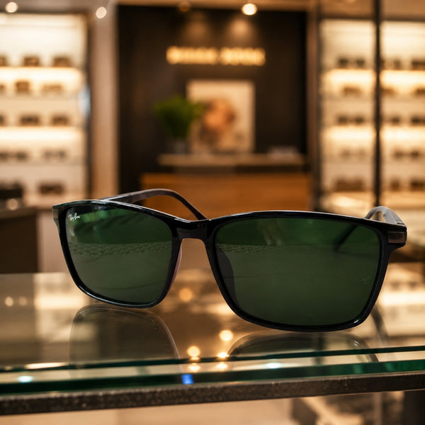 Rayban Square Design + Frame for Prescription (Polished Black Frame - Green Glass Lenses)