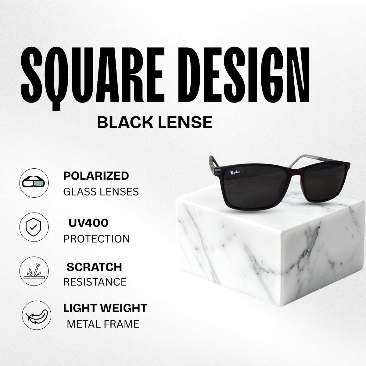 Rayban Square Design + Frame for Prescription (Matt Finish Black Frame - Black Glass Lenses)