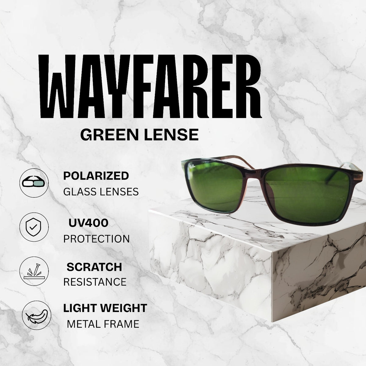 Rayban Square Design + Frame for Prescription (Polished Black Frame - Green Glass Lenses)