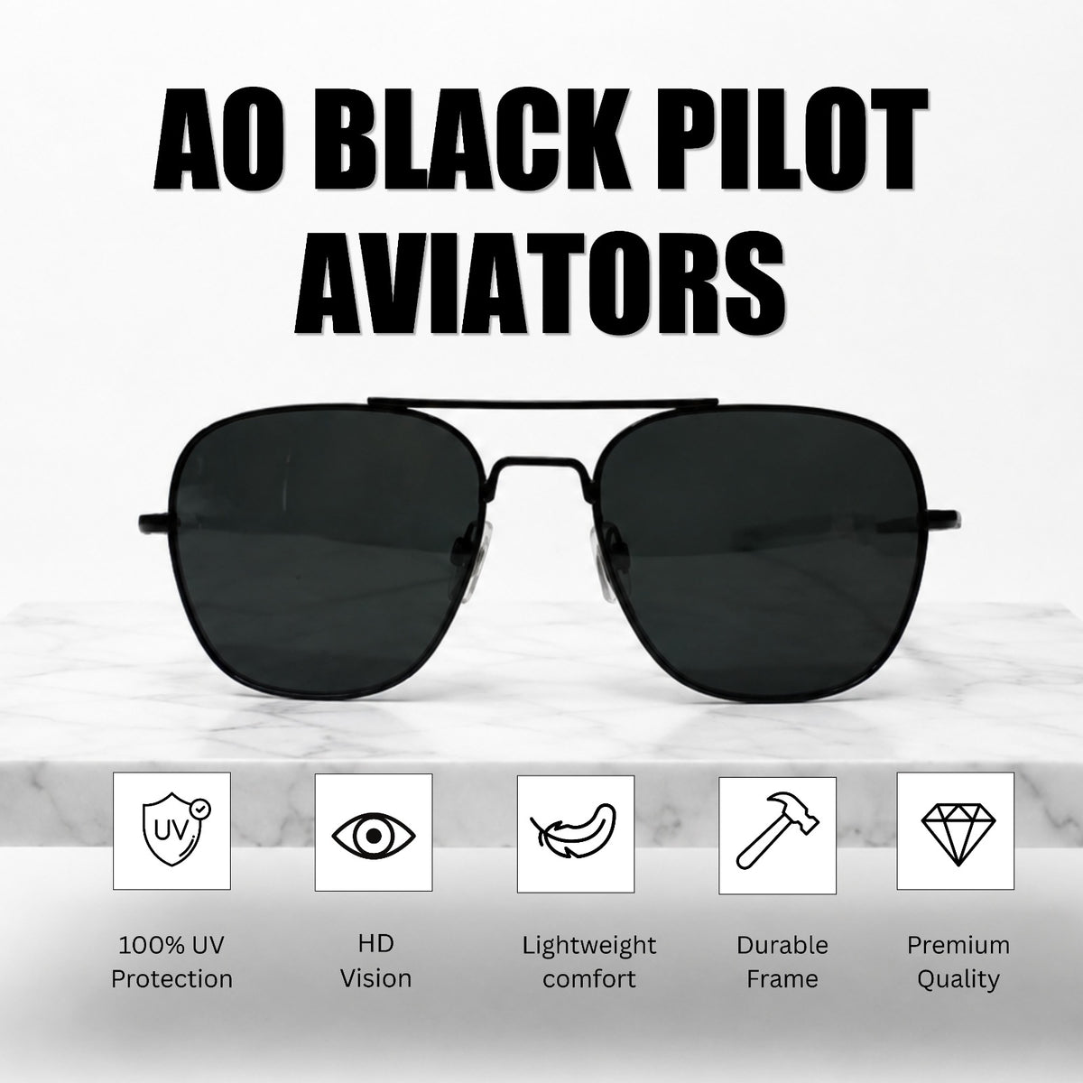 AO Military Pilot Aviators + Frame for Optics [BLACK FRAME+BLACK LENS]