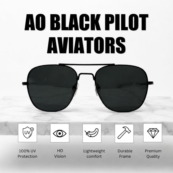 AO Military Pilot Aviators + Frame for Optics [BLACK FRAME+BLACK LENS]