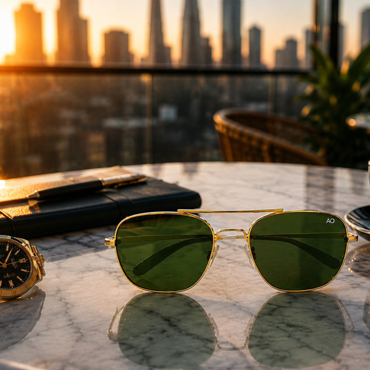 AO Military Pilot Aviators + Frame For Optics [GOLDEN GREEN LENS]