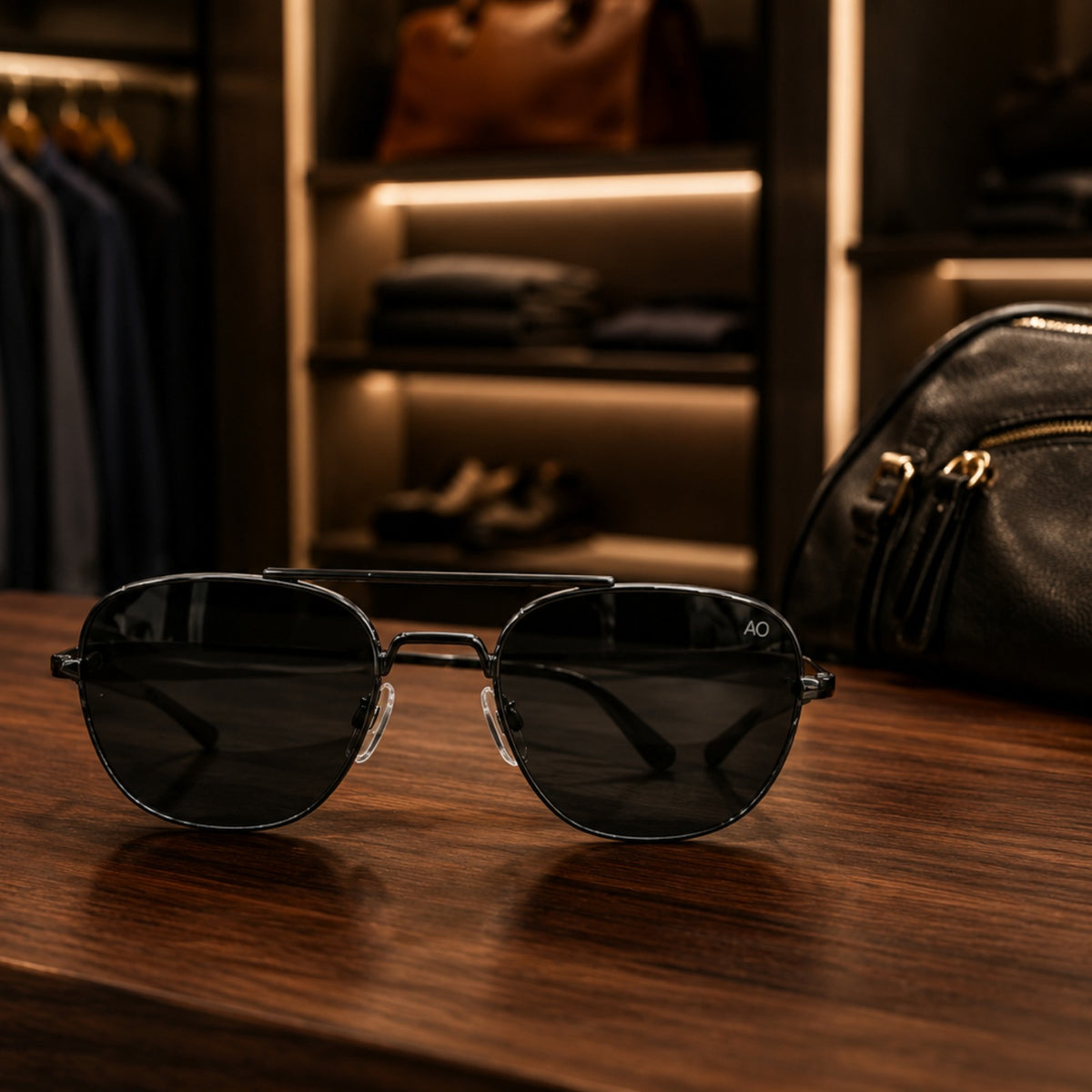 AO Military Pilot Aviators + Frame for Optics [BLACK FRAME+BLACK LENS]