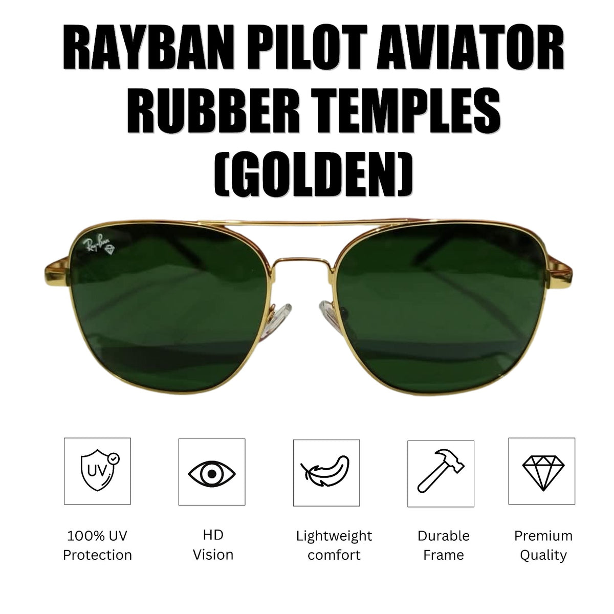 Rayban Pilot Aviator sunglasses with golden metal frames and dark green lenses, shown on a white background with text reading 'RAYBAN PILOT AVIATOR RUBBER TEMPLES (GOLDEN)' and feature icons below.