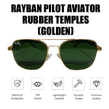 Rayban Pilot Aviator sunglasses with golden metal frames and dark green lenses, shown on a white background with text reading 'RAYBAN PILOT AVIATOR RUBBER TEMPLES (GOLDEN)' and feature icons below.