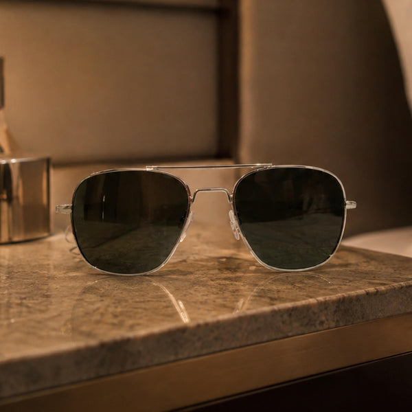 AO Military Pilot Aviators + Frame for Optics [SILVER FRAME+GREEN LENS]