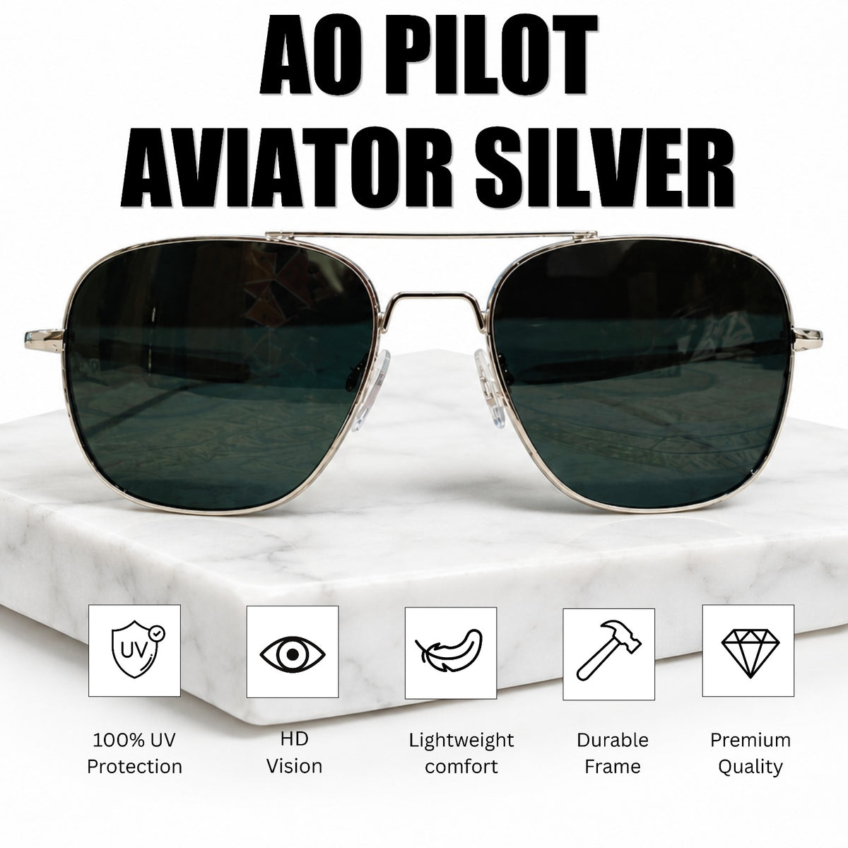 AO Military Pilot Aviators + Frame for Optics [SILVER FRAME+GREEN LENS]