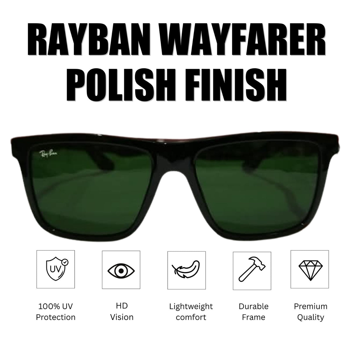 Rayban Black Wayfarer Design Polish Finish + Frame For Nazar (Green Glass Lens)