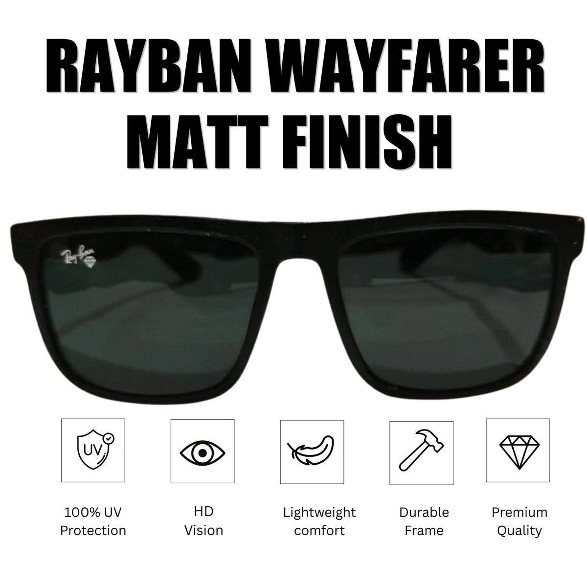 Rayban Black Wayfarer Design Matt Finish + Frame For Nazar (Black Glass Lens)